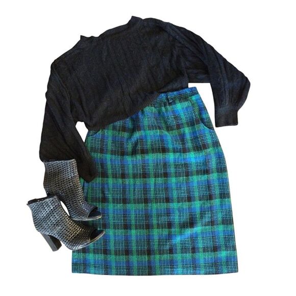 VTG Green Blue Plaid High Rise Pull On Wool Blend Midi Skirt Size 14 (*Large) - Picture 3 of 15